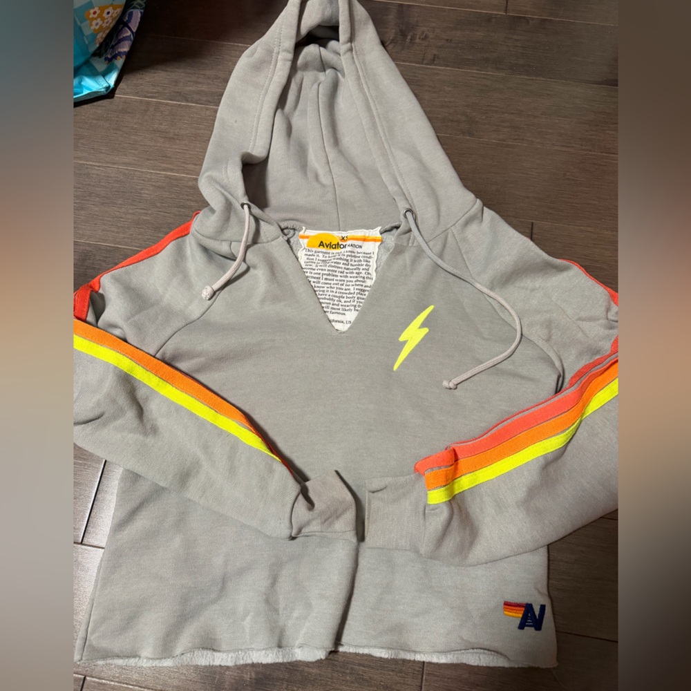 Aviator Nation Cropped Gray Hoodie with Yellow Accents EUC